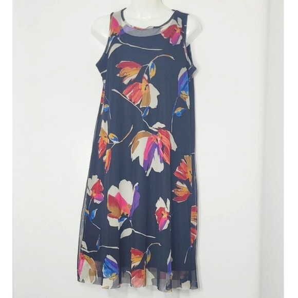 Avon Womens Black Orange Floral Sleeveless Double Layer Summer Midi Dress Size S - Picture 1 of 10